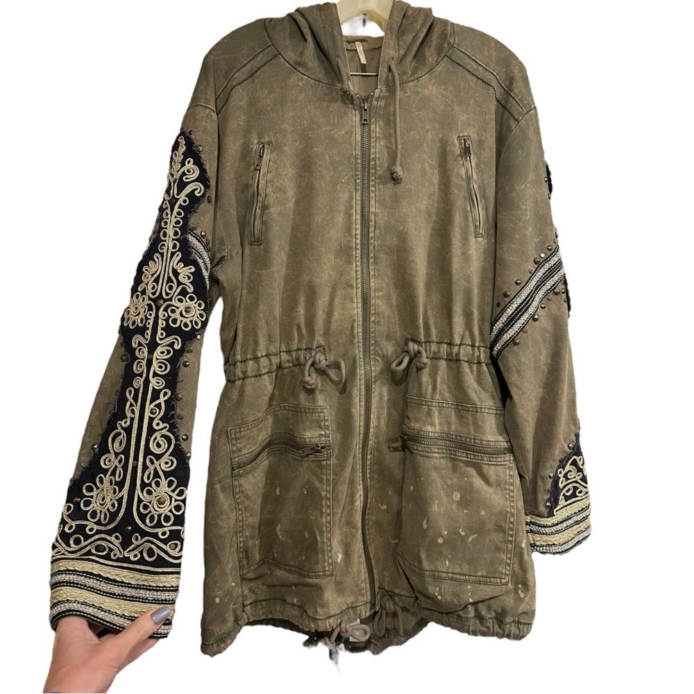 FREE PEOPLE Golden Quills Military Parka Jacket Coat Green Rhinestones M RARE - Picture 4 of 16